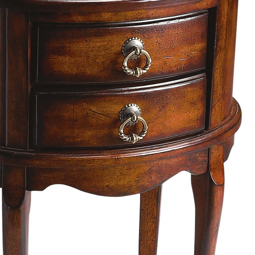 Dark Brown and Cherry Manufactured Wood Oval End Table with Two Drawers