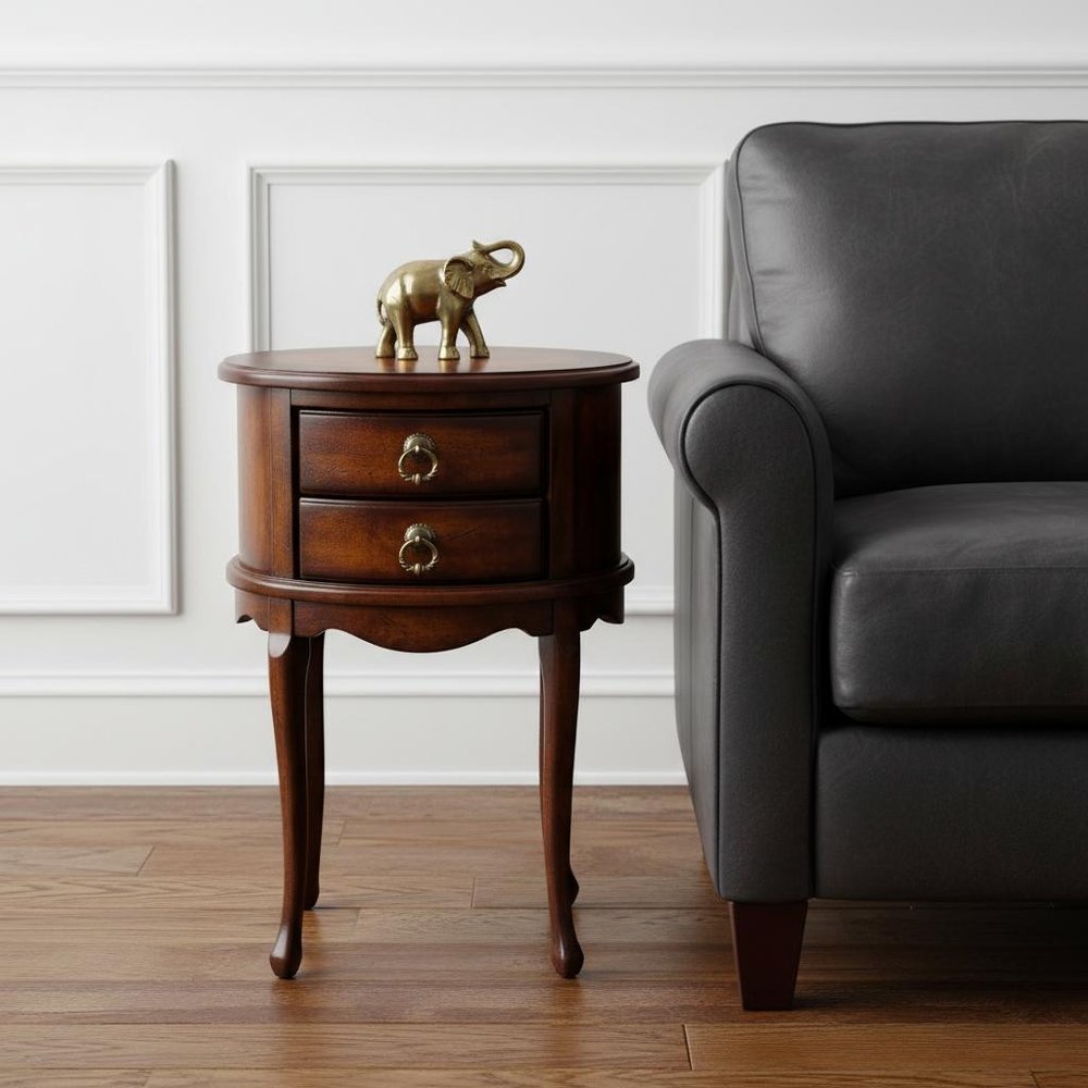 Dark Brown and Cherry Manufactured Wood Oval End Table with Two Drawers