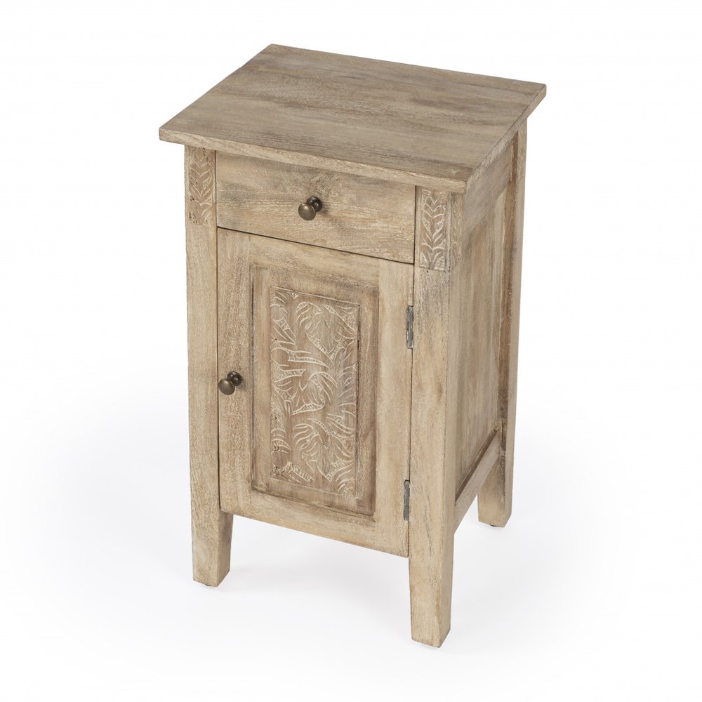 Natural Brown Solid Wood End Table with Cabinet and Drawer - 24-inch
