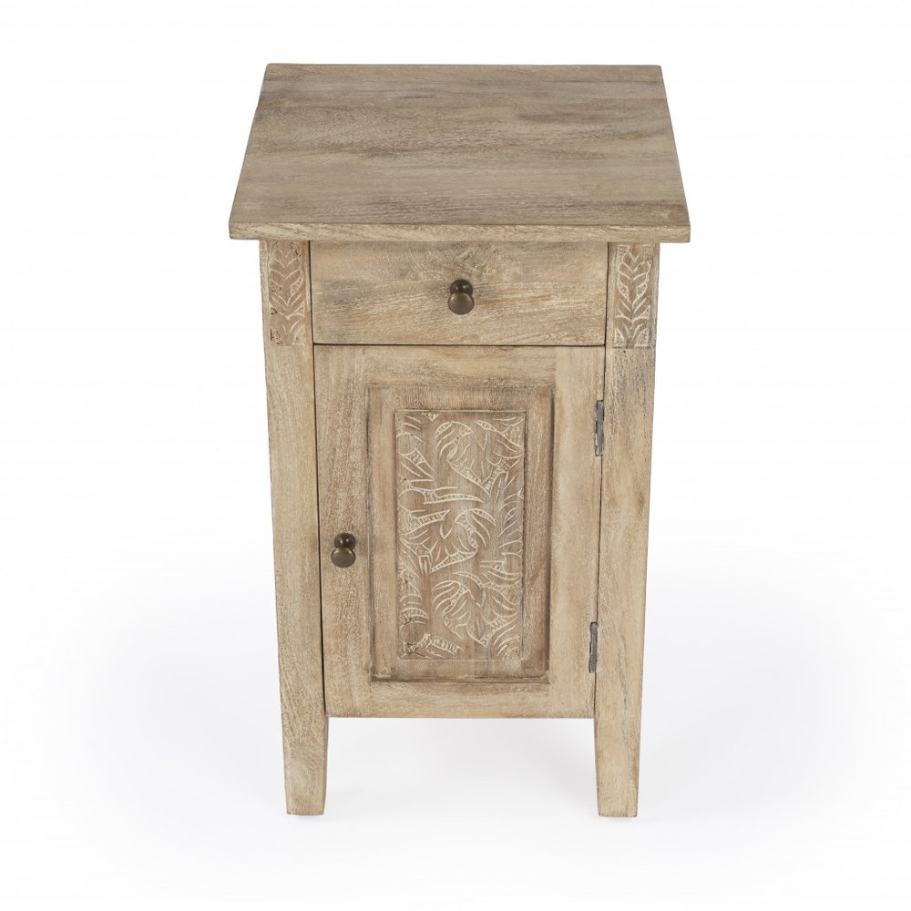 Natural Brown Solid Wood End Table with Cabinet and Drawer - 24-inch