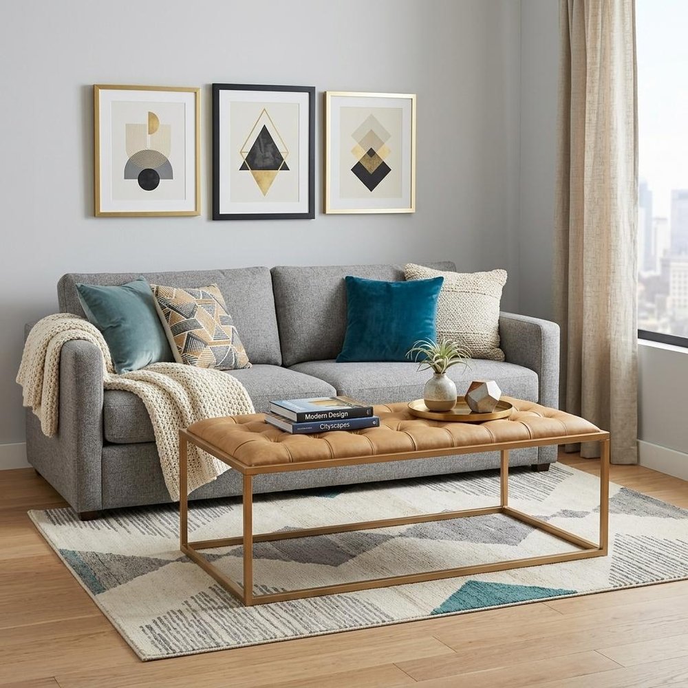 Gold and Brown Leather Rectangular Coffee Table - 48-inch