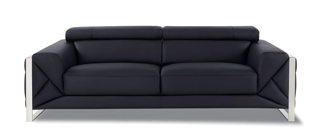 Black Italian Leather Sofa with Silver Legs - 89-inch