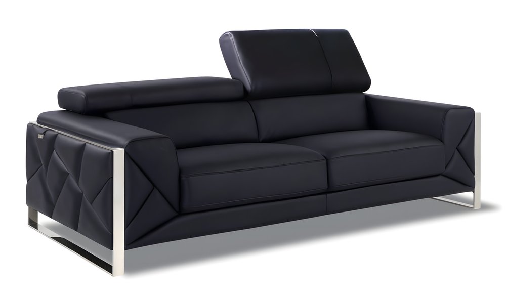 Black Italian Leather Sofa with Silver Legs - 89-inch