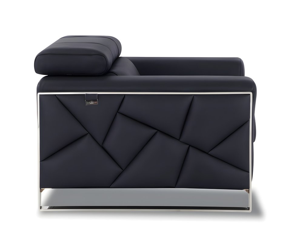 Black Italian Leather Sofa with Silver Legs - 89-inch