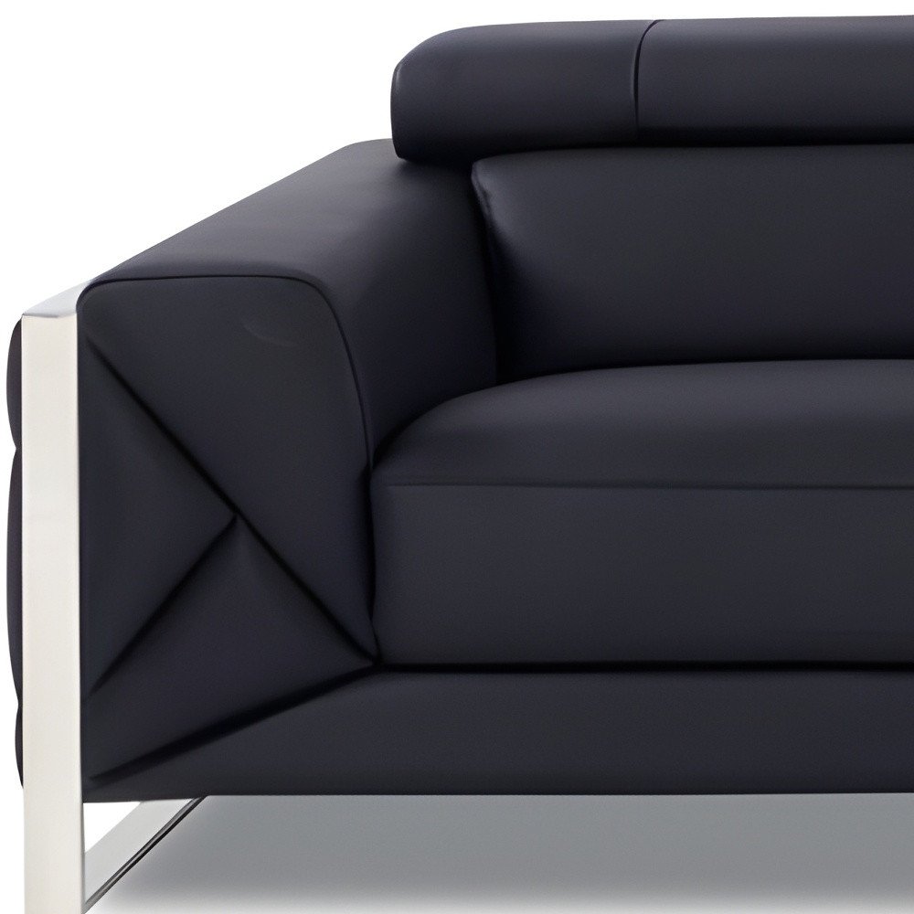 Black Italian Leather Sofa with Silver Legs - 89-inch