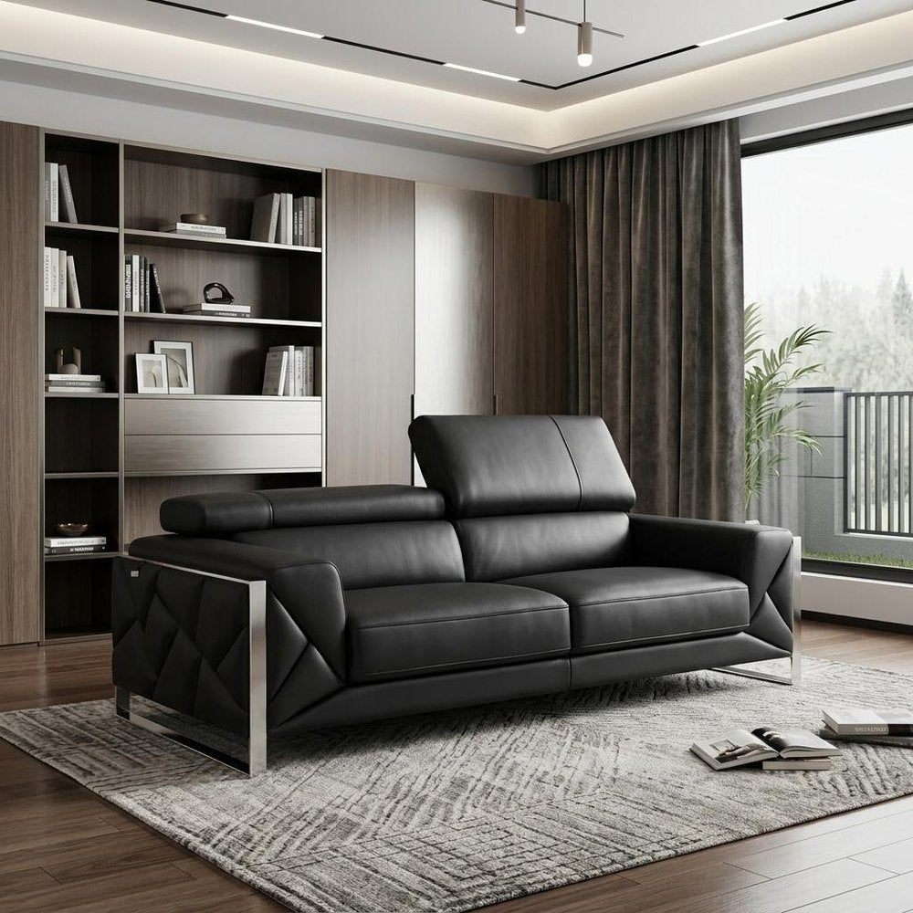Black Italian Leather Sofa with Silver Legs - 89-inch