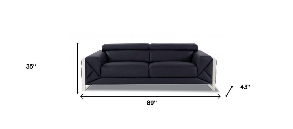 Black Italian Leather Sofa with Silver Legs - 89-inch