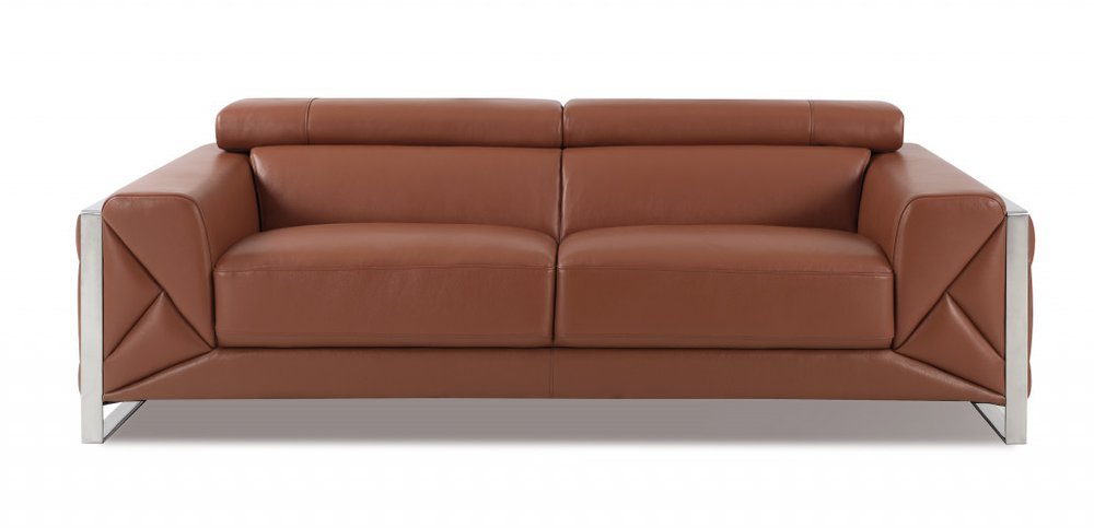 Black Italian Leather Sofa with Silver Legs - 89-inch