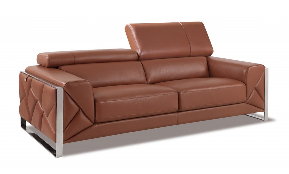 Black Italian Leather Sofa with Silver Legs - 89-inch