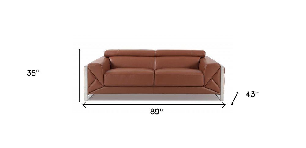 Black Italian Leather Sofa with Silver Legs - 89-inch