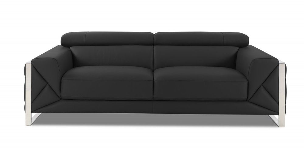 Black Italian Leather Sofa with Silver Legs - 89-inch