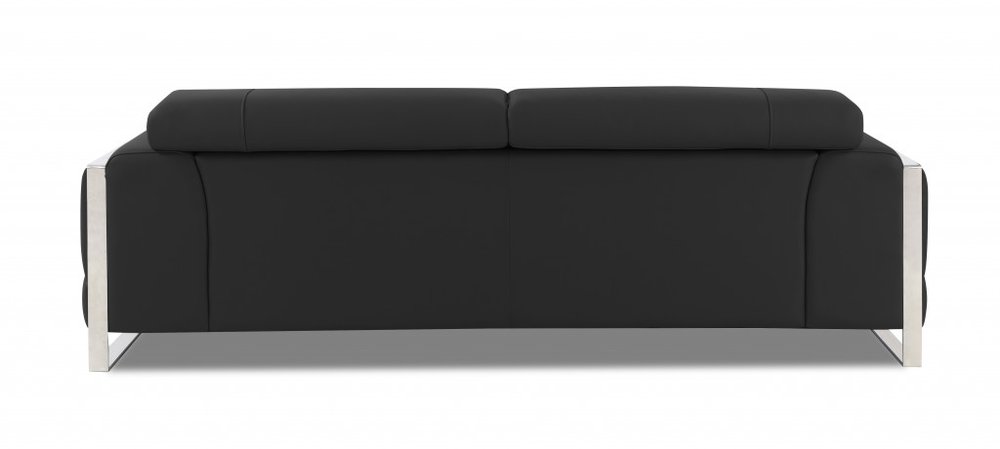 Black Italian Leather Sofa with Silver Legs - 89-inch