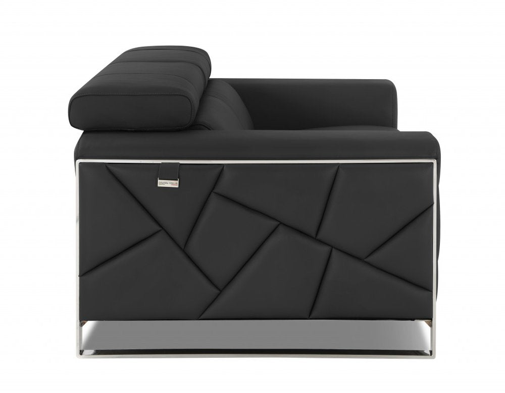 Black Italian Leather Sofa with Silver Legs - 89-inch