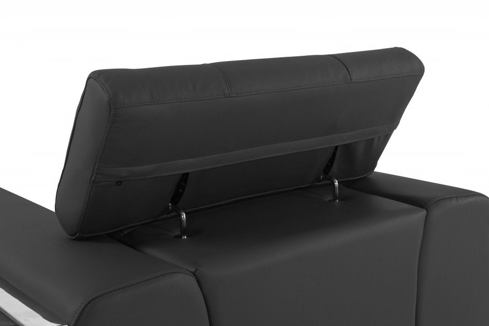 Black Italian Leather Sofa with Silver Legs - 89-inch