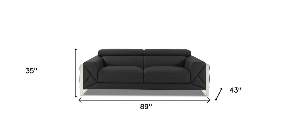 Black Italian Leather Sofa with Silver Legs - 89-inch