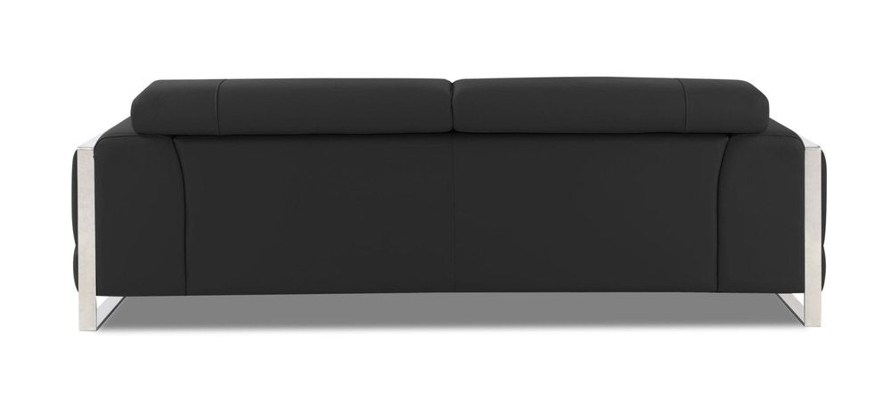 Black Italian Leather Sofa with Silver Legs - 89-inch