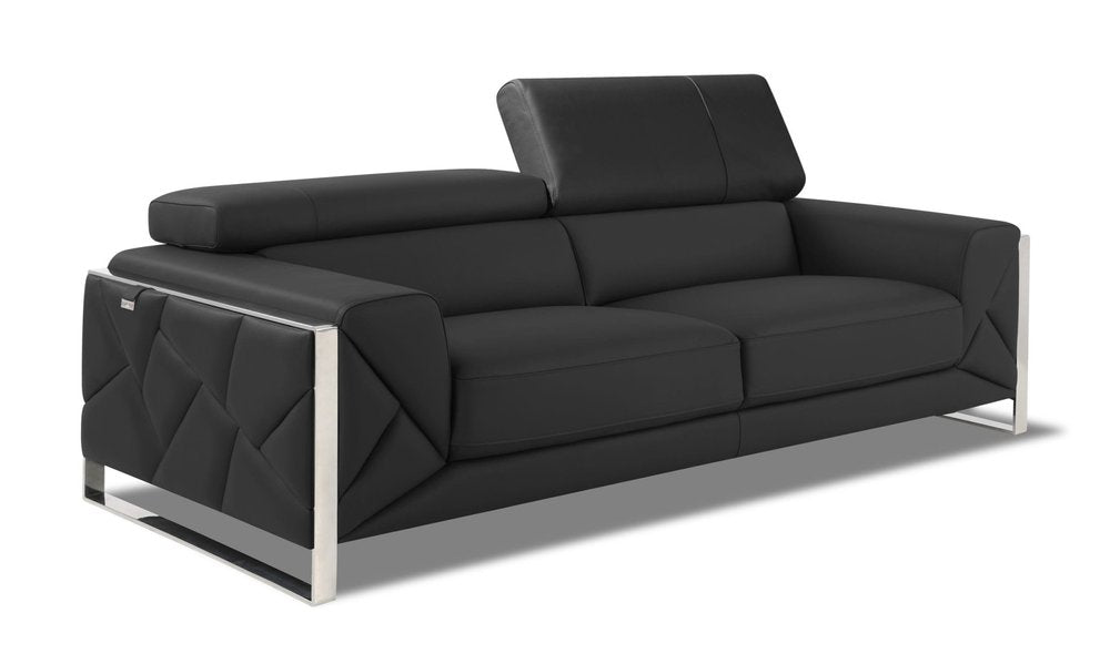 Black Italian Leather Sofa with Silver Legs - 89-inch