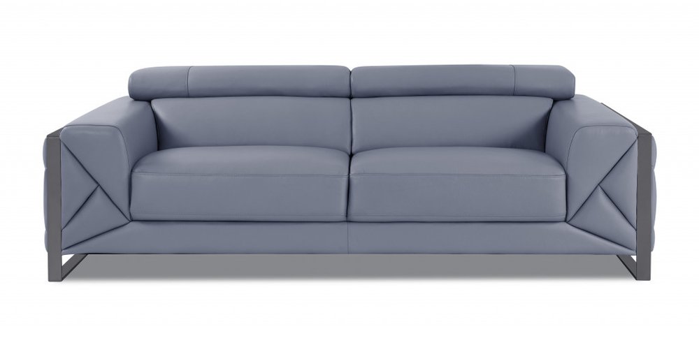Black Italian Leather Sofa with Silver Legs - 89-inch