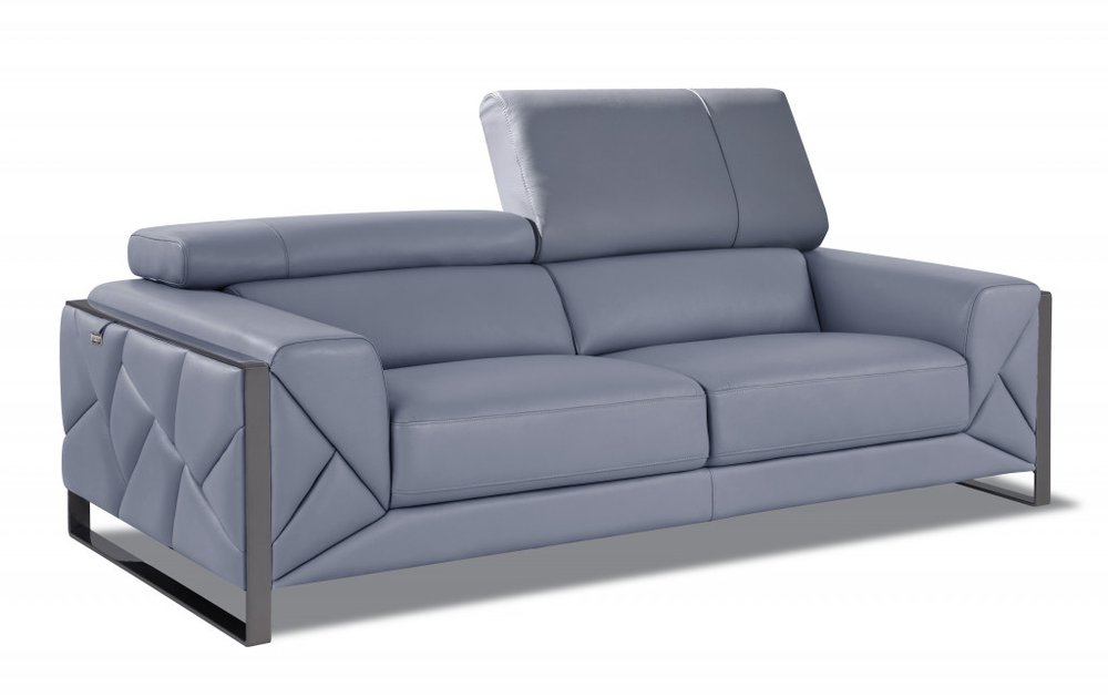 Black Italian Leather Sofa with Silver Legs - 89-inch