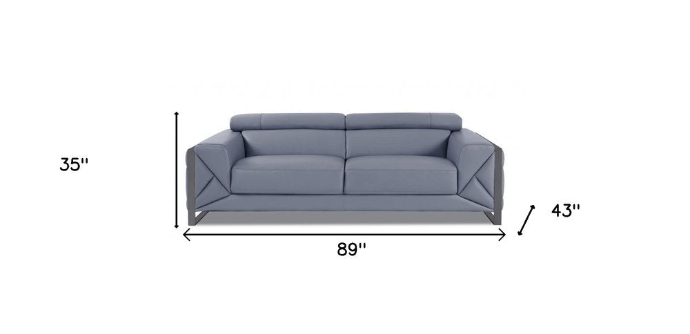 Black Italian Leather Sofa with Silver Legs - 89-inch