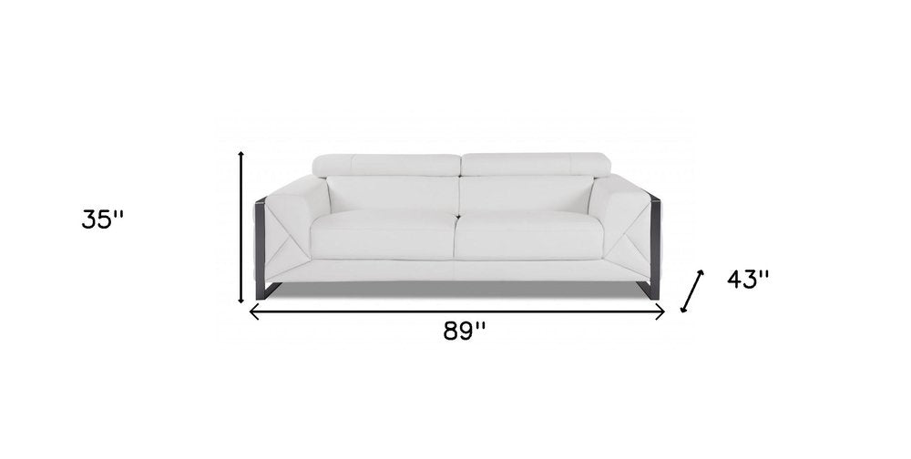 Black Italian Leather Sofa with Silver Legs - 89-inch