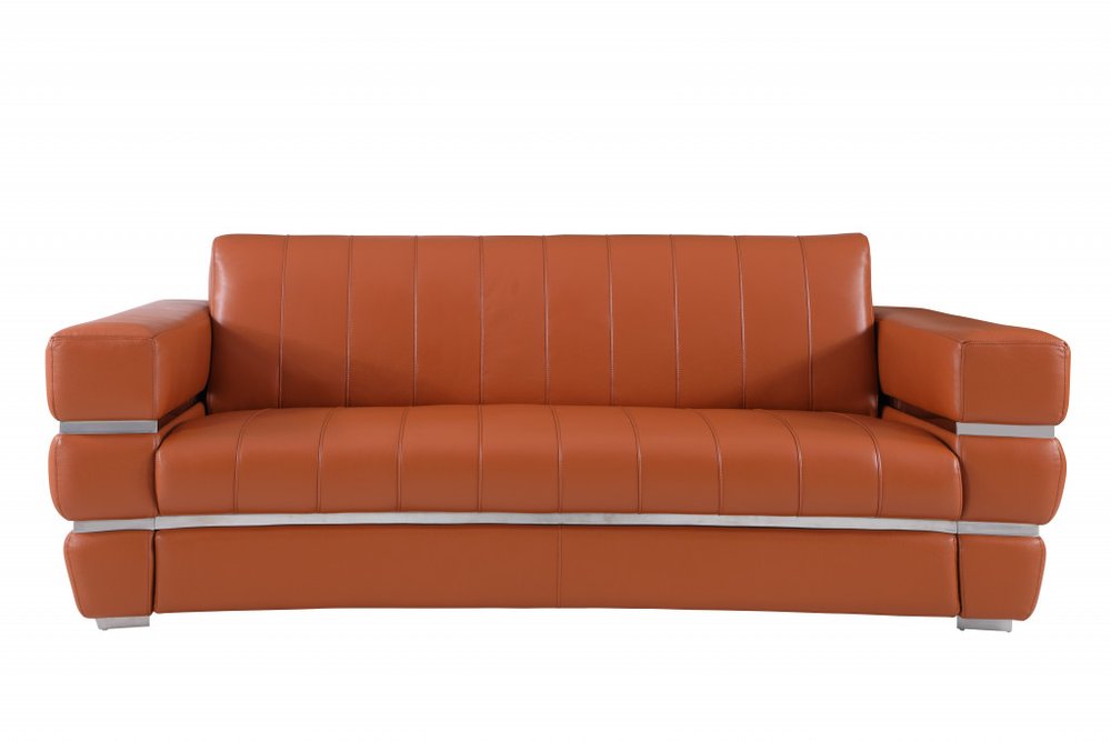 Camel Italian Leather Sofa with Silver Legs - 89-inch