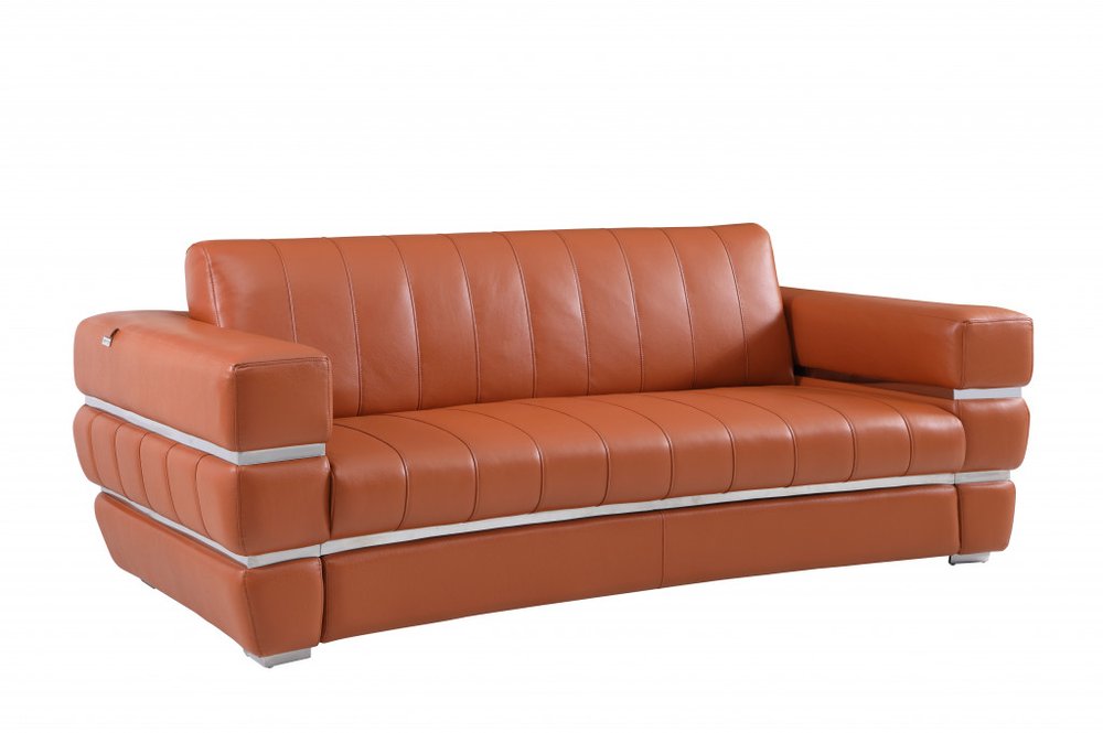 Camel Italian Leather Sofa with Silver Legs - 89-inch