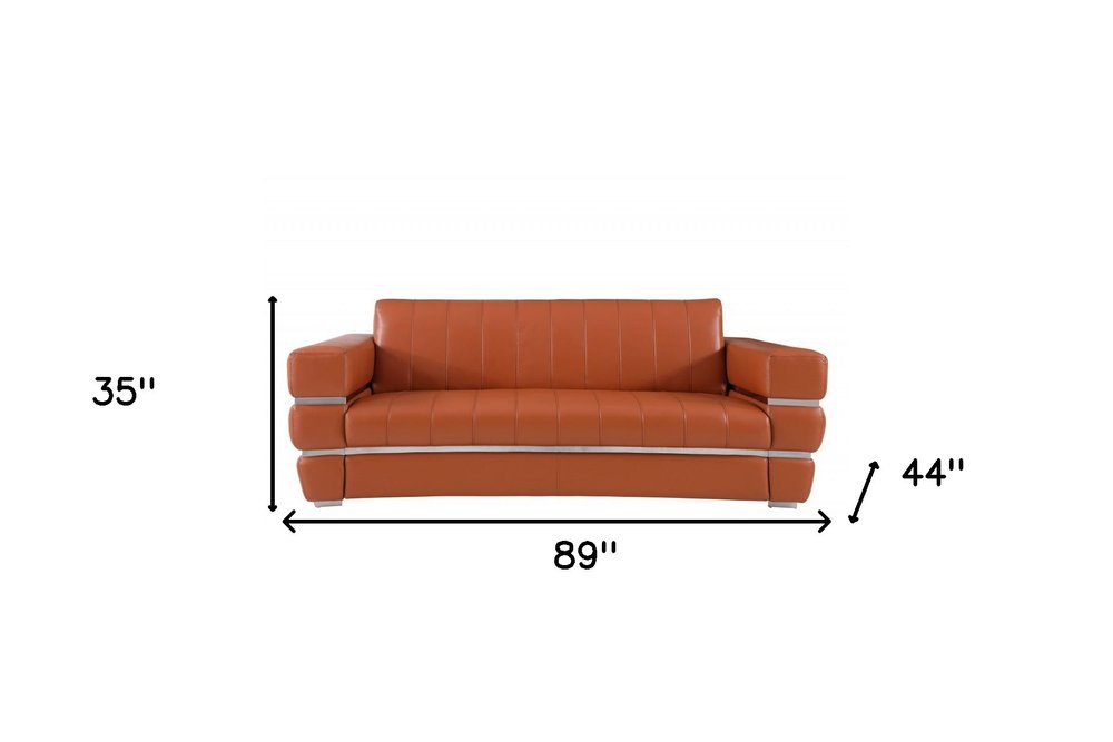 Camel Italian Leather Sofa with Silver Legs - 89-inch