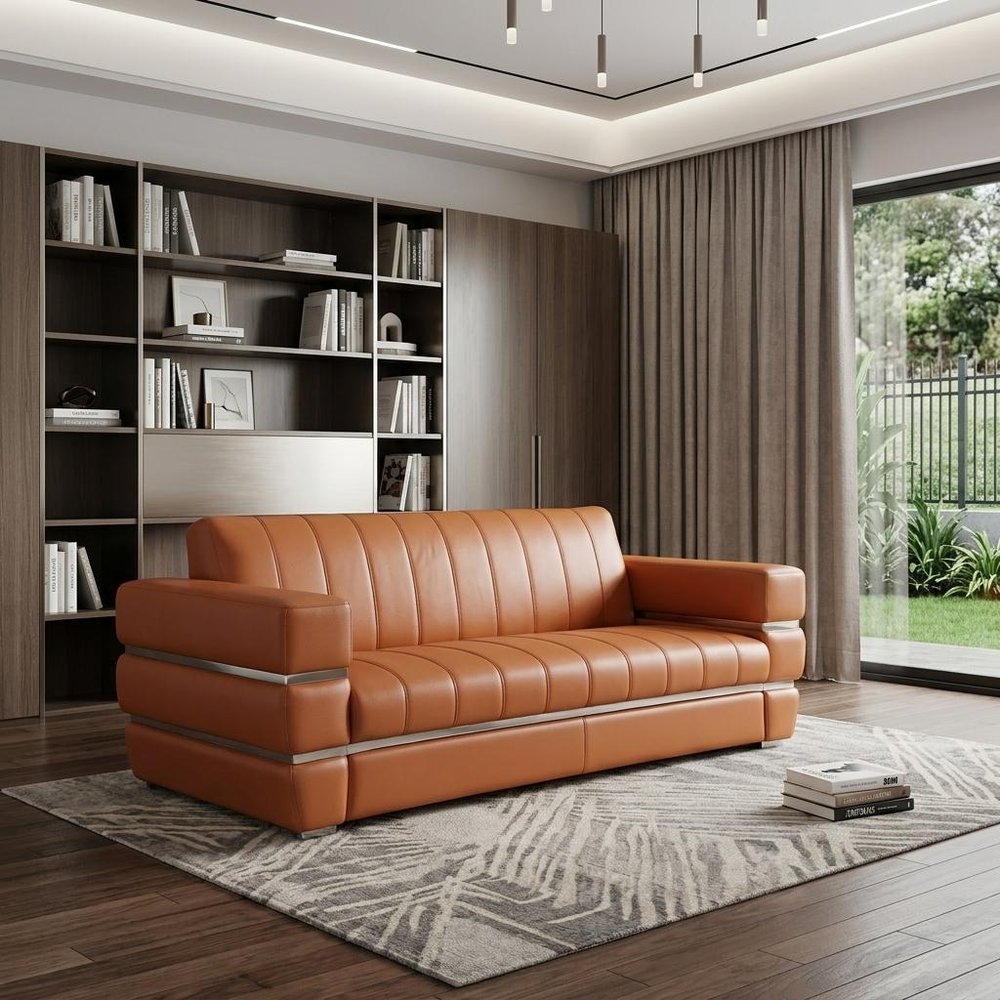 Camel Italian Leather Sofa with Silver Legs - 89-inch