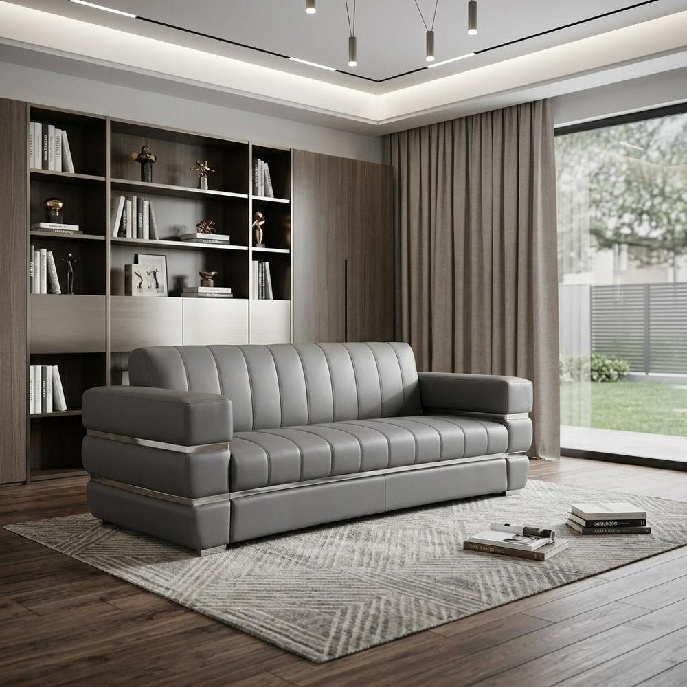 Camel Italian Leather Sofa with Silver Legs - 89-inch
