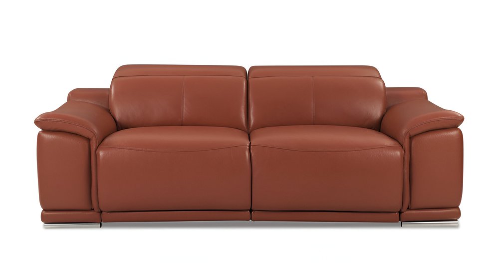Camel Italian Leather USB Reclining Sofa with Silver Legs - 86-inch
