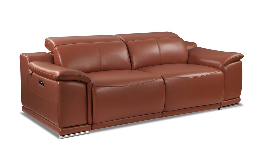 Camel Italian Leather USB Reclining Sofa with Silver Legs - 86-inch