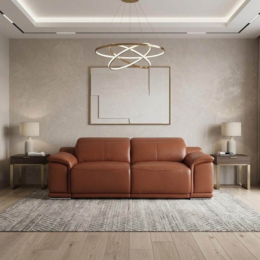 Camel Italian Leather USB Reclining Sofa with Silver Legs - 86-inch