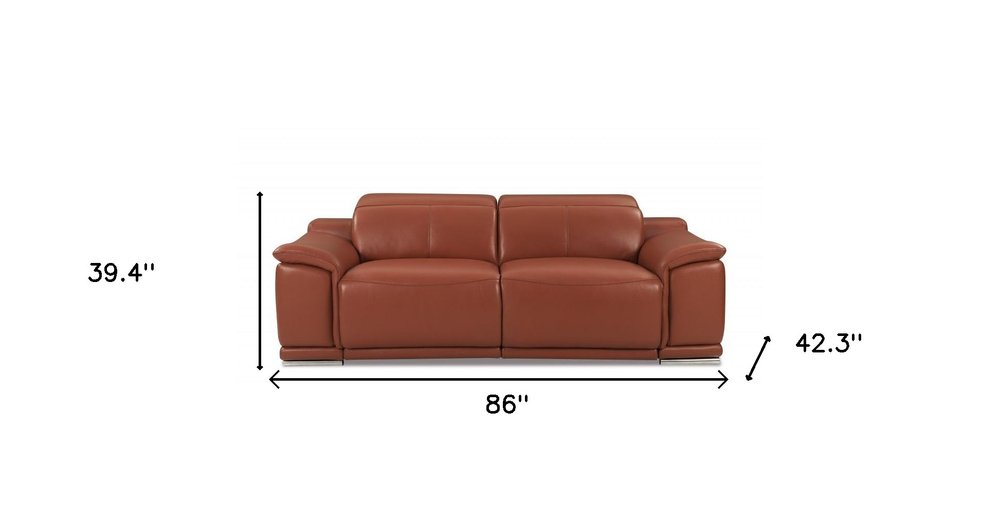 Camel Italian Leather USB Reclining Sofa with Silver Legs - 86-inch