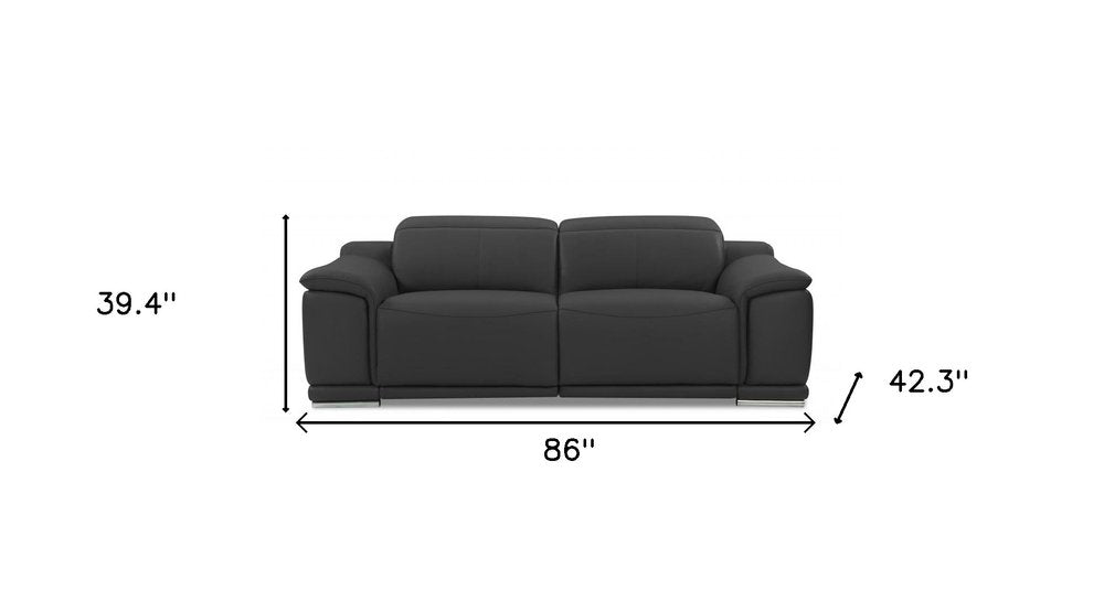 Camel Italian Leather USB Reclining Sofa with Silver Legs - 86-inch