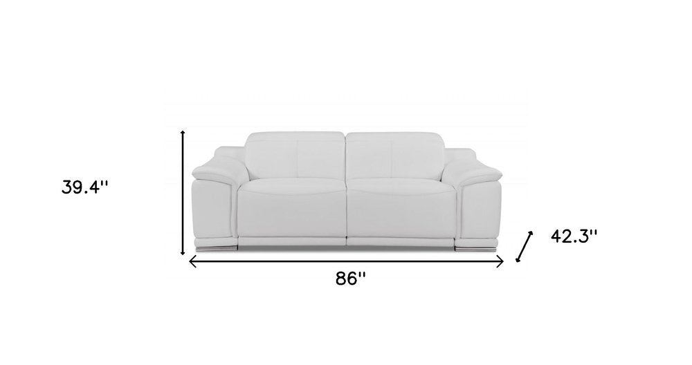 Camel Italian Leather USB Reclining Sofa with Silver Legs - 86-inch