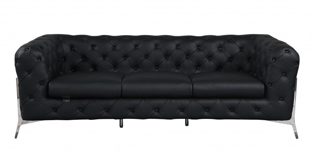Black Italian Leather Chesterfield Sofa with Silver Legs - 93-inch