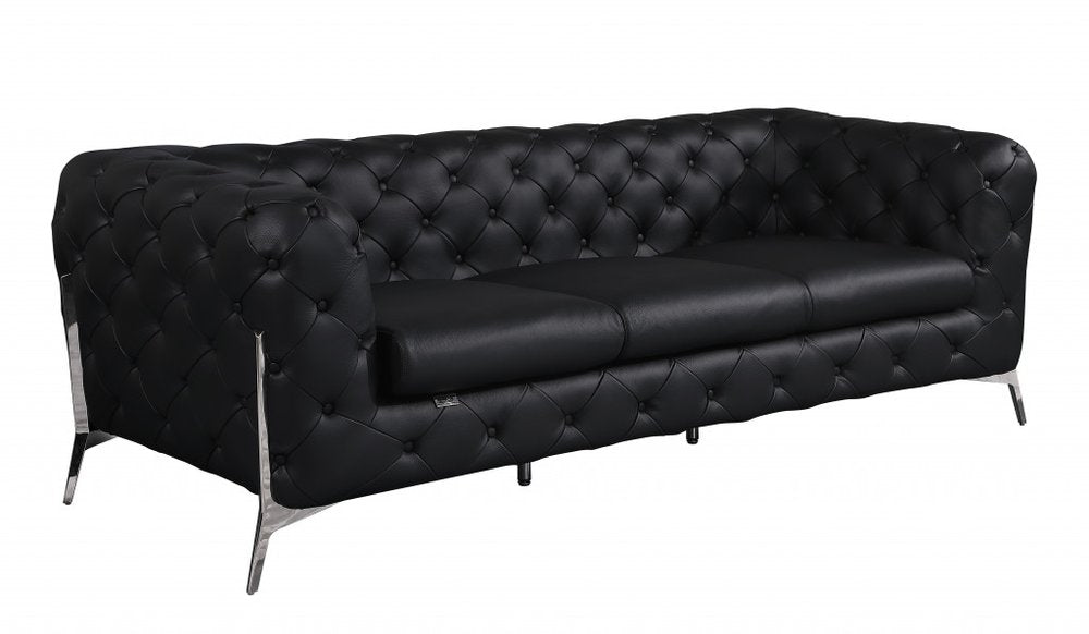 Black Italian Leather Chesterfield Sofa with Silver Legs - 93-inch