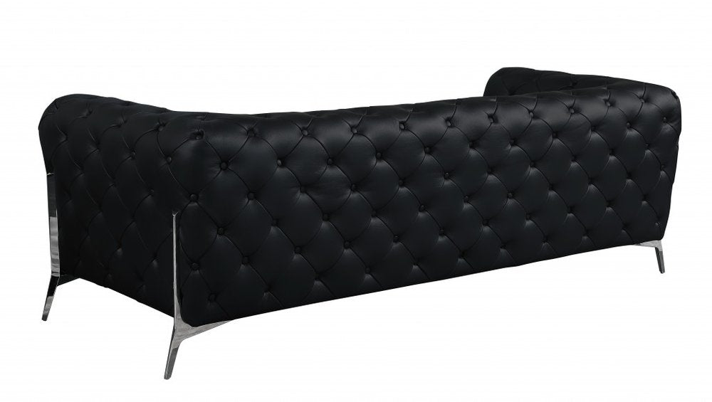 Black Italian Leather Chesterfield Sofa with Silver Legs - 93-inch