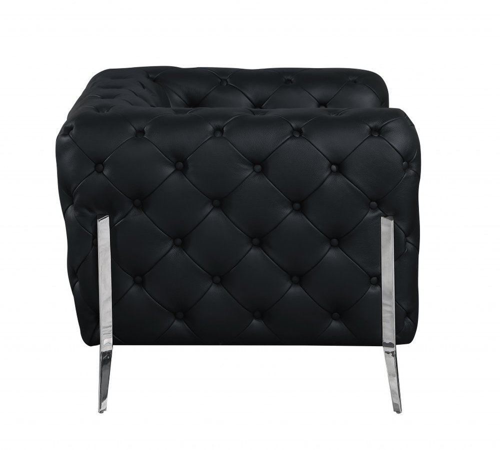 Black Italian Leather Chesterfield Sofa with Silver Legs - 93-inch