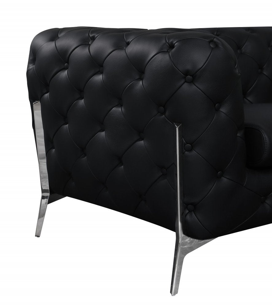 Black Italian Leather Chesterfield Sofa with Silver Legs - 93-inch
