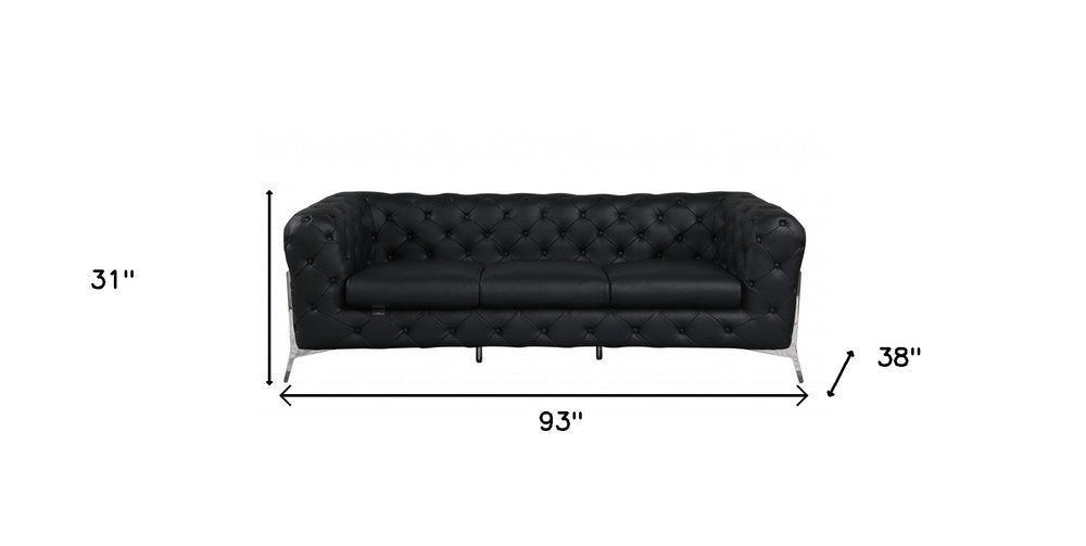 Black Italian Leather Chesterfield Sofa with Silver Legs - 93-inch