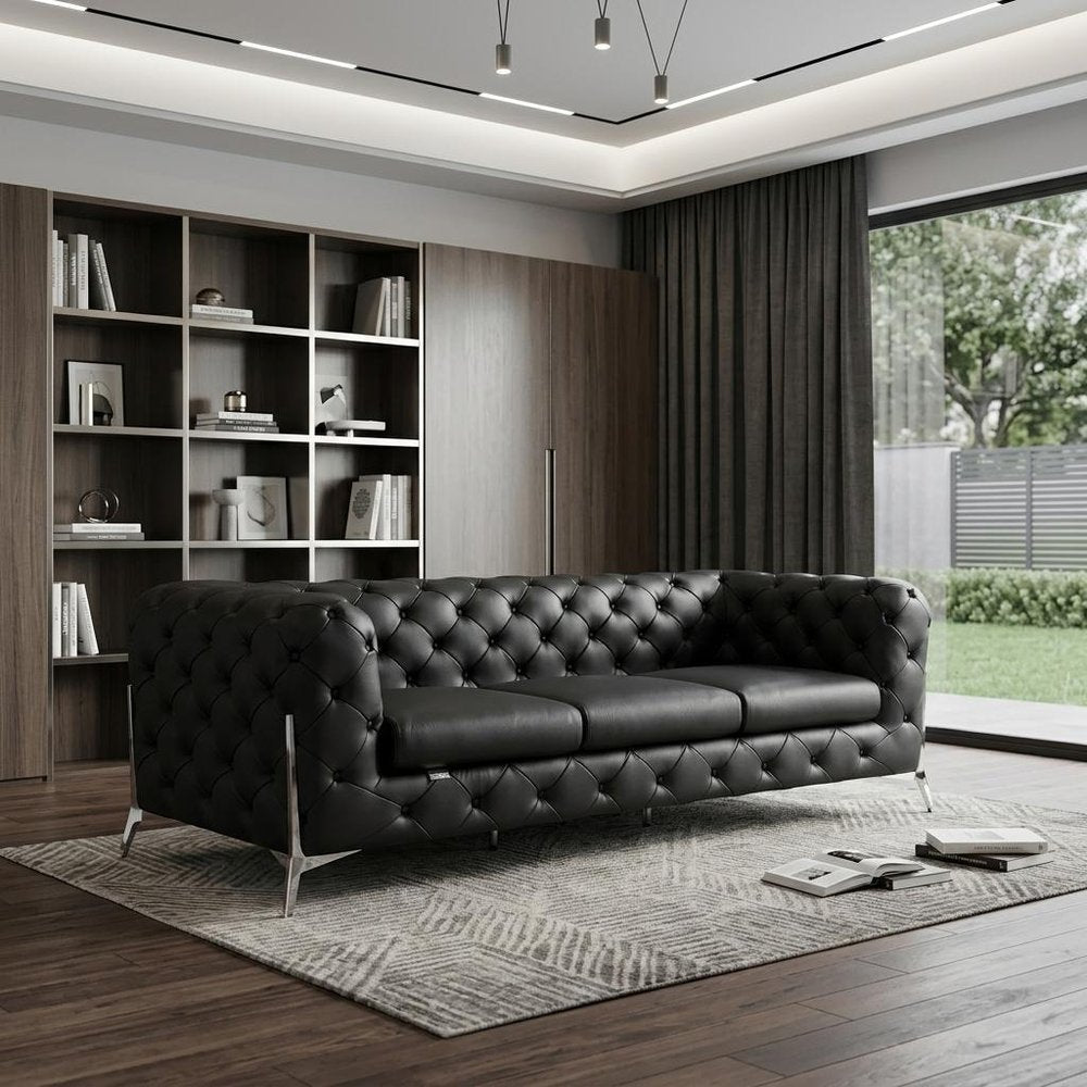 Black Italian Leather Chesterfield Sofa with Silver Legs - 93-inch