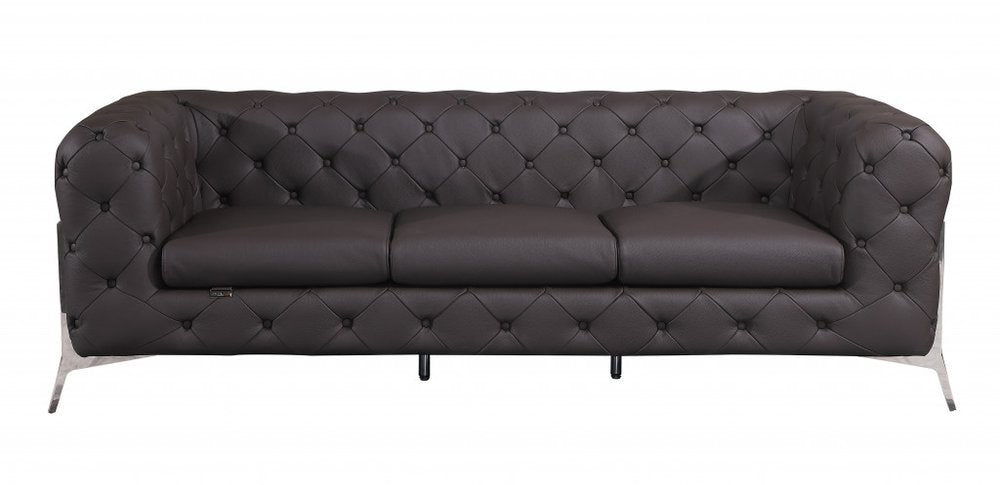 Black Italian Leather Chesterfield Sofa with Silver Legs - 93-inch