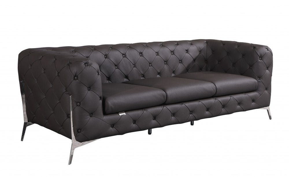 Black Italian Leather Chesterfield Sofa with Silver Legs - 93-inch