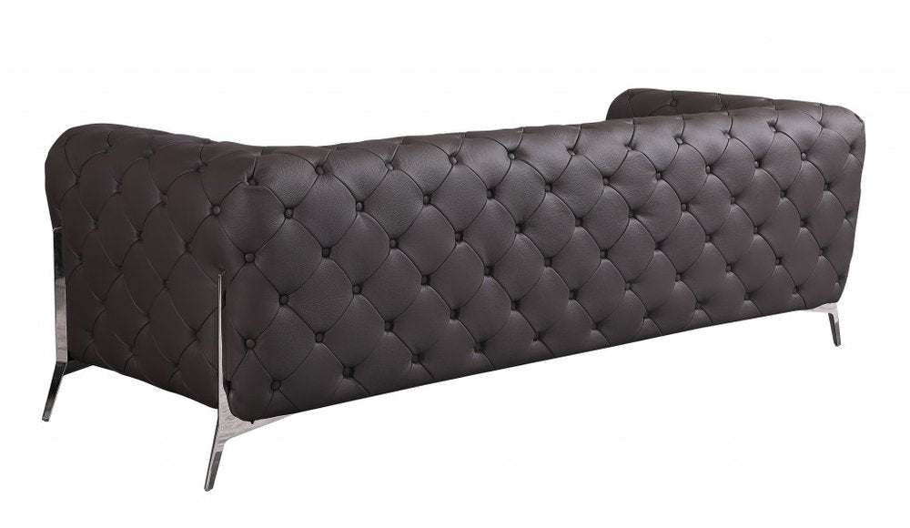 Black Italian Leather Chesterfield Sofa with Silver Legs - 93-inch