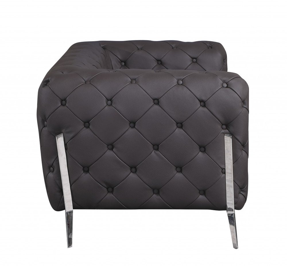 Black Italian Leather Chesterfield Sofa with Silver Legs - 93-inch