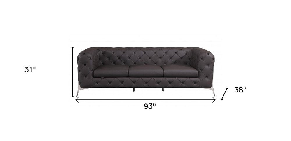 Black Italian Leather Chesterfield Sofa with Silver Legs - 93-inch