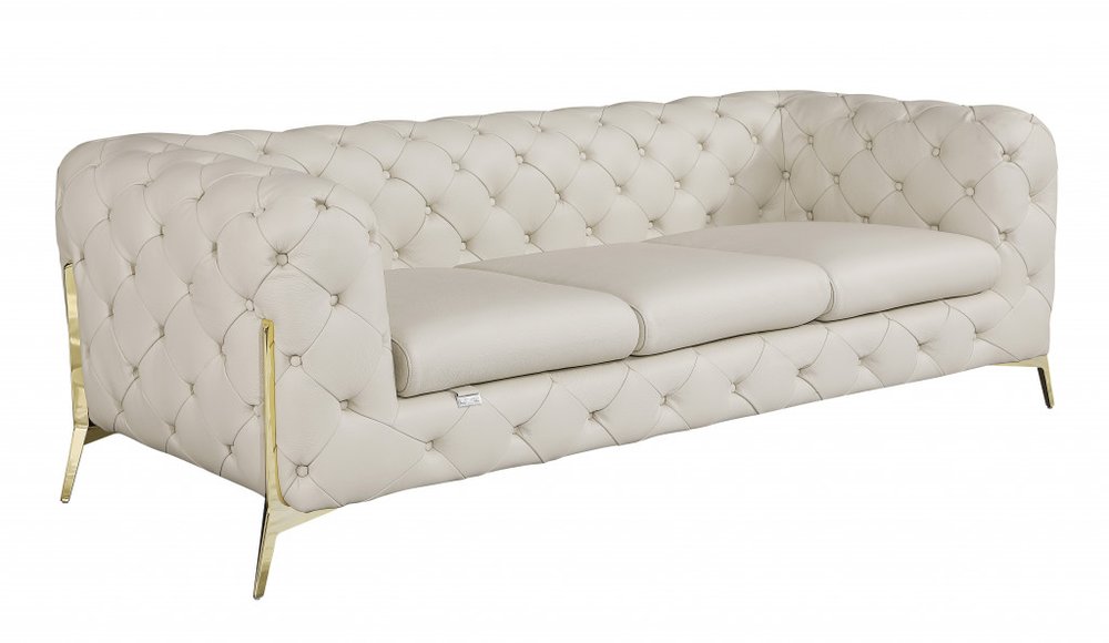 Black Italian Leather Chesterfield Sofa with Silver Legs - 93-inch