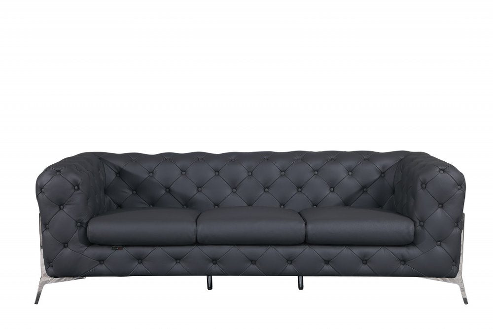 Black Italian Leather Chesterfield Sofa with Silver Legs - 93-inch